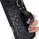 Compatible with iPhone 17 Air Case with Finger Hand Wrist Strap for Girls Women, Cute Leopard Cheetah Phone Case with Wristband Kickstand, Durable Silicone Protective Cover, Black Leopard