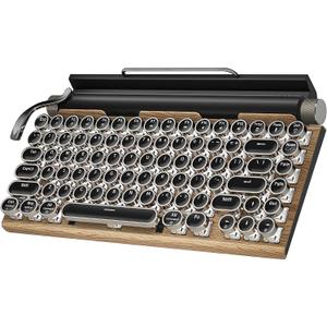 Retro Typewriter Wireless Mechanical Gaming Keyboard, Bluetooth 5.0 Office Computer Vintage Keyboards 83-Key Blue Switches Punk Round Keycap, LED Backlight, Compatible with PC/Laptop/Pad/Phone, Wood