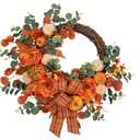 Oairse 60cm/24inch Artificial Fall Half Wreath for Front Door Autumn Wreath with Pumpkin Peony Eucalyptus Chrysanthemum and Ribbon for Halloween Thanksgiving Indoor Outdoor Farmhouse Window Wall Décor