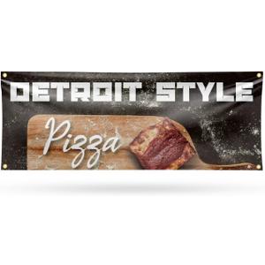Detroit Style Pizza Banner Sign 18 Inch x 48 Inch | 13 oz Vinyl with Metal Grommets | Heavy-Duty Single-Sided Outdoor Durable Printed High-Quality Weatherproof | Made in the USA