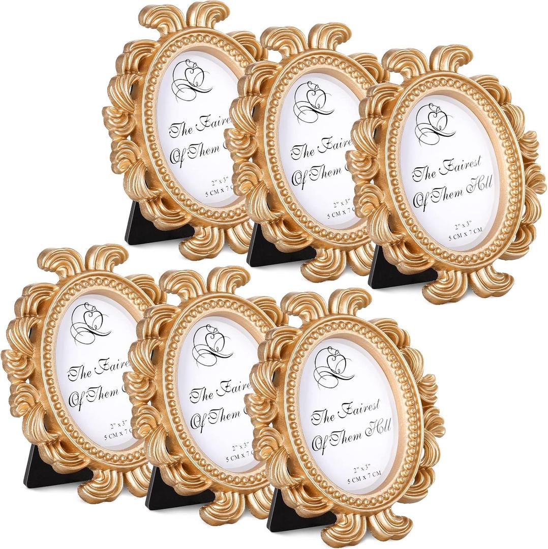 Vicenpal 6 Pieces Mini Gold Picture Frames 3.2 x 4 Inch Vintage Small Antique Resin Baroque Picture Frames Bulk Oval Hanging Display for DIY Jewelry Gifts Christmas Wedding Decor (Gold)