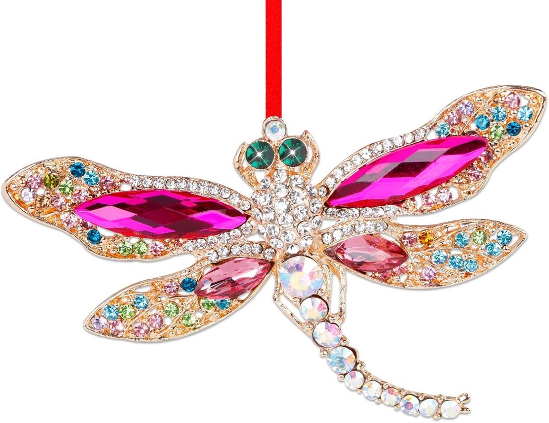 2 x WhatSign Pink Metal Dragonfly Ornaments for Christmas Tree - Dragonfly Christmas Ornament Decorations Keepsake Gifts for Women Girls