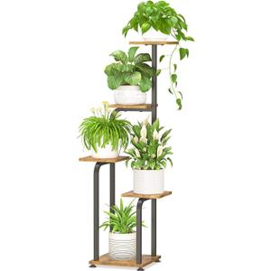 iDavosic.ly Tall Plant Stand Indoor, 4 Tier Corner Multiple Flower Holder Shelf with Wooden Trays, Space Saving Display Rack for Living Room Balcony Patio Porch Outdoor | Black & Brown
