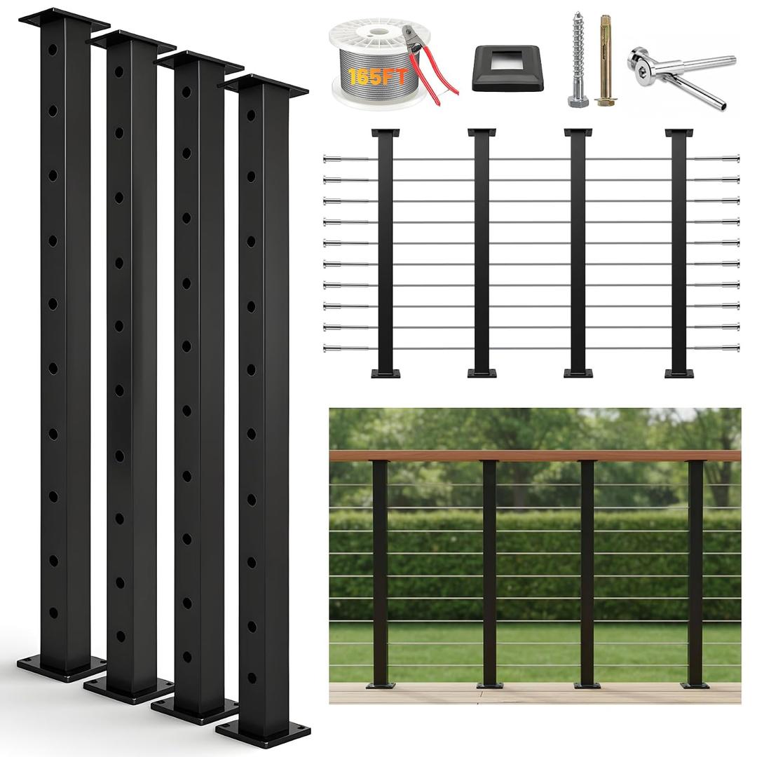36" Black Cable Railing Kit, Complete Cable Railing System with 4 Stainless Steel Level Posts & 165ft Wire Rope (Handrail Not Included)