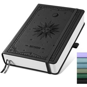 EMSHOI A5 College Ruled Notebook, 320 Numbered Pages 100GSM Ink-Proof Faux Leather Hardcover Lay-Flat Lined Journal for Work Office School Writing, SUN Design, Small 5.75" x 8.38", Black