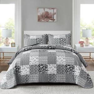Mybedsoul Black Grey Boho Quilt Set Queen Size,3 Pieces Plaid Floral Bedspread Coverlet Set for All Season,Patchwork Reversible Bedding Set Queen 90"x96"