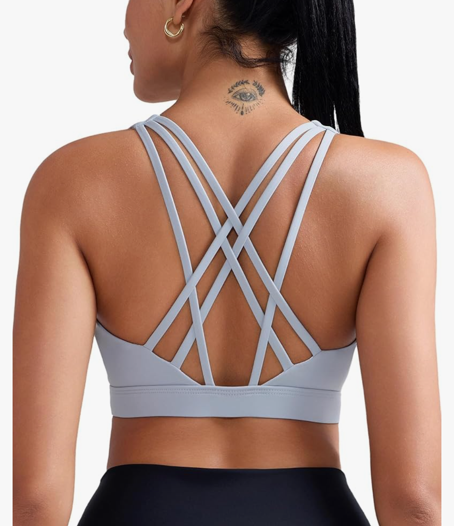 RUNNING GIRL Sports Bras for Women, Medium-High Impact Running Strappy Sports Bra with Removable Pads (L, Grey)