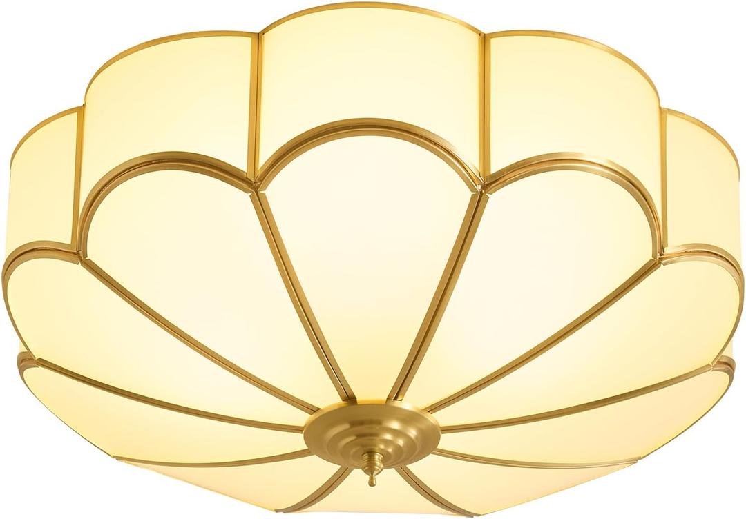 Brass Vintage Gold Ceiling Light - Large 17.7 Inch Milk Glass Mid Century Flush Mount Lighting Fixtures - Art Deco Antique Modern Lamp for Hallway Bathroom Bedroom Kitchen Entryway Laundry Foyer Hall