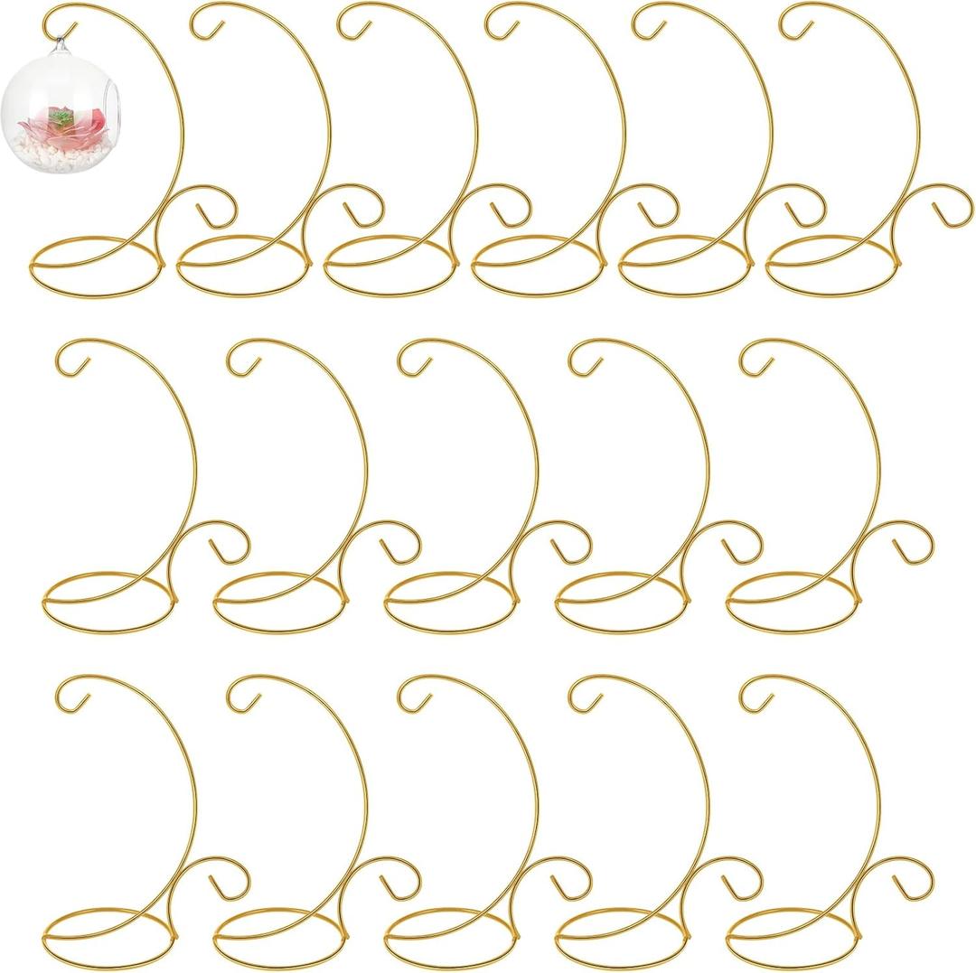 Tandefio 16 Pcs 9" H Ornament Display Stand Iron Hanging Stand Christmas Ornament Hanger Holder Decoration Display Holder Hook for Glass Globe Air Plant Terrarium Table Decor(Gold)