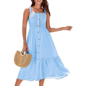 GRACE KARIN Womens Summer 2025 Midi Dress Spaghetti Strap Smocked Button Casual A Line Long Beach Flowy Sun Dresses Pockets M