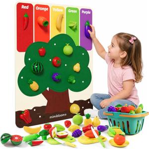 ALASOU Cutting Play Food Set with Felt Tree Mat & Storage Basket, Pretend Play Toys for Kids Kitchen Accessories, Color Sorting Set, Preschool Learning Activities for Toddlers 3 4 5 6 Boys Girls Gifts