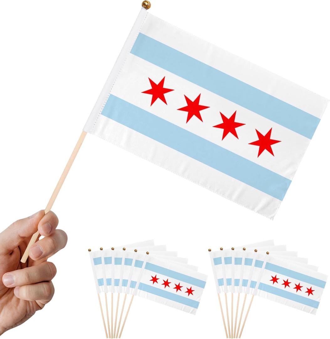 12 Piece Small Chicago Flag 5 x 8 Inch Inserted on Stick Handheld Mini Small Chicago Flag with Safety Spear Top, Patriotic Holiday Yard Decor