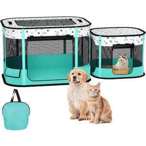 Portable Cat Playpen, 8-Rod Reinforced Kitten Dog Playpens, Foldable Play Pen for Indoor Cats Enclosed Pet Puppy Doggy Outdoor, Collapsible Tent Kennel Cage House(32"x24"x22") (Green)
