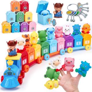 Toddler Learning Toys for 2 3 Year Old-Counting Matching & Sorting Activity Montessori Train Set with Farm Animals Finger Puppets Keys to Lock and Unlock Barn Birthday Easter Basket Stuffers