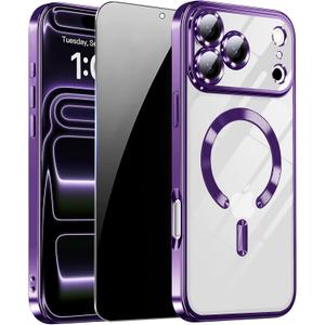 Magnetic for iPhone 17 Pro Max Case with Privacy Screen Protector & Full Camera Cover [Fit for MagSafe] [Non-Yellowing] Metal Glossy Soft Shockproof Clear Case for 17 ProMax,Deep Purple