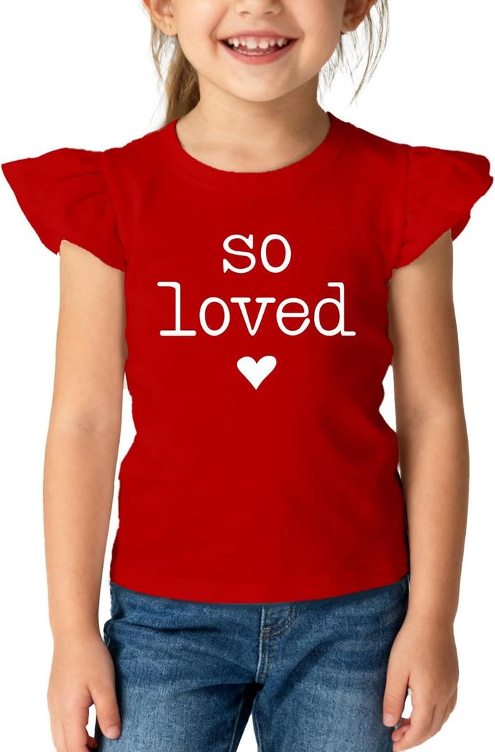Toddler Girls Valentines Day Shirt Cute Sweet Heart Print T-Shirt Kids Valentine Ruffle Sleeve Tee Tops (Red1) 5T