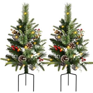 2 Pack Outdoor Christmas Trees for PorchLighted Artificial Christmas Urn Fillers, Battery-Powered LED Lights, Tripod Stakes for Holiday Porch Decorations on Porches, Patios,urn filler,and Flower Beds