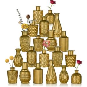 Golden Small Glass Vases for Centerpieces - Hewory 20pcs Dark Gold Bud Vase in Bulk, Mini Vintage Decorative Single Flower Vase for Wedding Birthday Party Baby Shower Home Living Room Table Decor