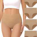 Voenxe Cotton Underwear for Women, High Waisted Ladies Panties, Breathable Soft Full Coverage Briefs,  Comfy Underpants,4 Pack (Beige, M)