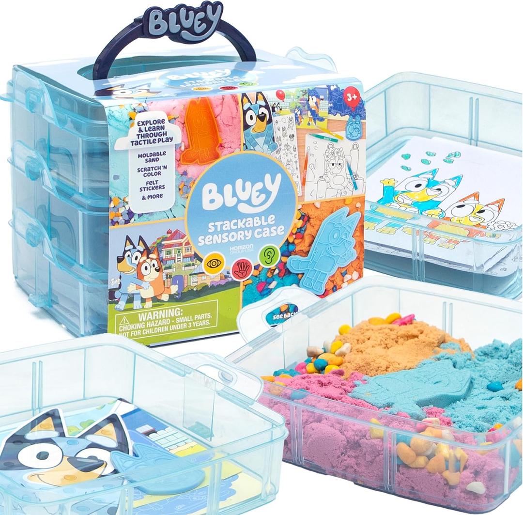 Bluey Stackable Sensory Case - Reusable Bin With Stickers, Play Sand Bags, Coloring Activities, Toys for Toddlers 1-3, Sensory Toys, Medium