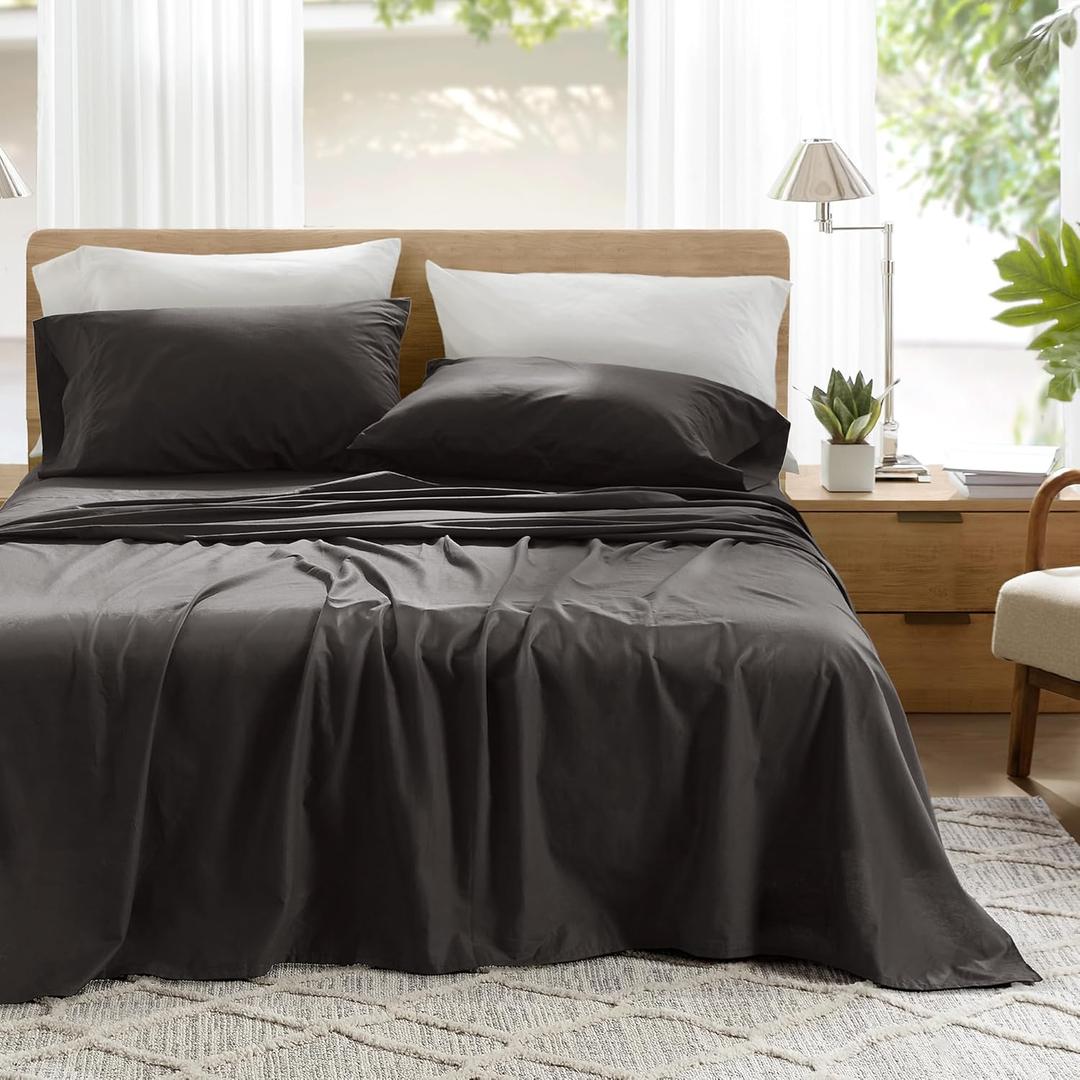 Comfort Spaces 100% Cotton Sheets Full, Breathable & Ultra Soft Cotton Sheets, Naturally Cool Cotton Bed Sheets with 14" Elastic Pocket Fits up to 16" Mattress, All Season Sheet Set, Black 4 Piece
