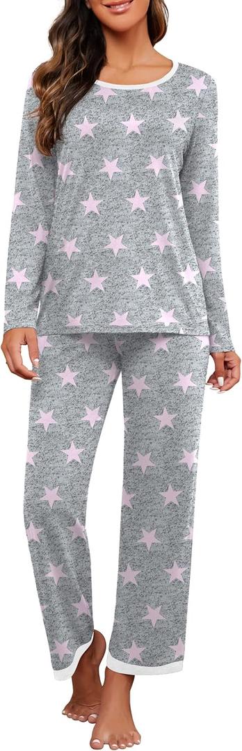 PrinStory Women's Pajama Set Long Sleeve Sleepwear Ladies Soft Pjs Lounge Set 2026 (Large, Pink Star)