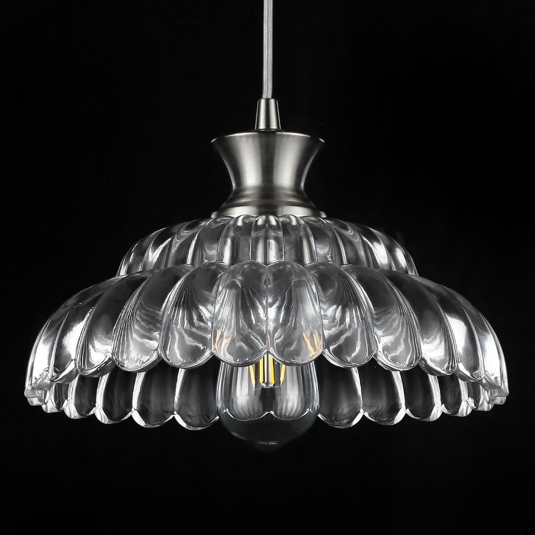 Modern Glass Pendant Lights Kitchen Island, 11.8" Glass Light Fixtures Brushed Chrome Flower Vintage Lighting Glass Ceiling Chandelier for Dining Living Room Restaurant Bedroom Foyer Entryway (12in/1PC, Transparent/Nickel)