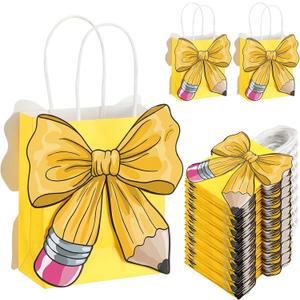 Glenmal 24 Pcs Mini Back to School Gift Bags First Day of School Paper Treat Bag with Handle Pencil Bow Style Goodie Bags for End of The Year Gifts Graduation Retirement Wrapping Supplies