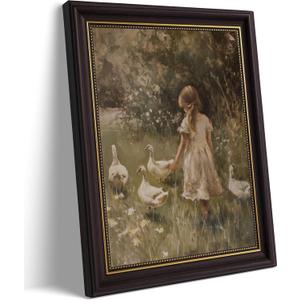 Framed Girl Duck Canvas Wall Art Rural Countryside White Goose Painting Picture wall decor Retro farmhouse Duckling Wildflower Poster Print for Living Room Bathroom Bedroom Nursery Home Decoration