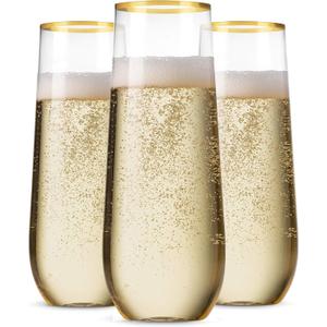 Munfix 48 Pack Stemless Plastic Champagne Flutes Disposable 9 Oz Gold Rim Clear Plastic Toasting Glasses Shatterproof Recyclable and BPA-Free