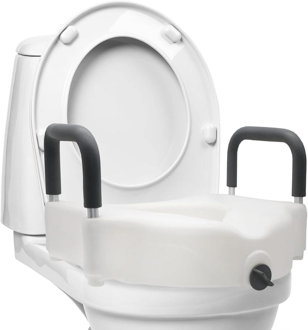 DMI Hi-Riser Elevated Locking Raised Toilet Seat with Armrests, 5 Inch Seat Height, Supports 350lbs, White