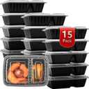 Meal Prep Containers 2 Compartment 15 Pack, 28 oz Divided Reusable Food Storage Containers with Lids Takeout Food Storage Containers Black, Microwave Dishwasher Freezer Safe, Stackable, BPA Free