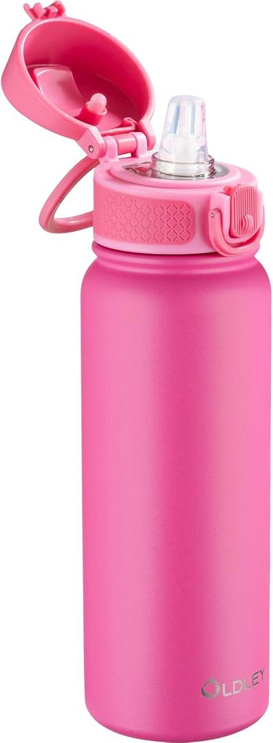 OLDLEY 20 Oz Insulated Stainless Steel Water Bottle For Kids, With Straws Leak-proof, Kids Water Bottles For School Boys Girls,Pink
