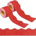 131 Ft Red Glitter Bulletin Board Borders Red Scalloped Bulletin Board Trims Shiny Decorative Border Trims Sparkle Self-Adhesive Border Stickers for Classroom School Home Office Blackboard Desk