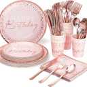175PCS Happy Birthday Plates and Napkins Party Supplies, Paper Pink and Rose Gold Plastic Forks Knives Spoons Serve 25 Guests for Girl Women