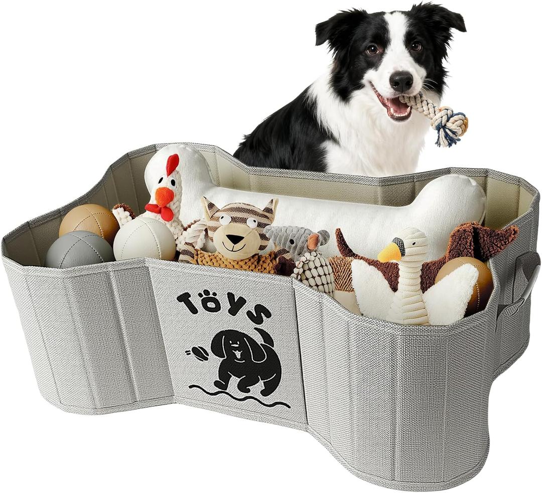 39L Dog Toy Basket, Collapsible Dog Bone Baskets for Toys, Dogs Storage Organizer with PU Handles, Pet Toys Basket with Bone Shape Design, Toy Baskets for Dogs, Gray, 22" x 14.4" x 7.5"