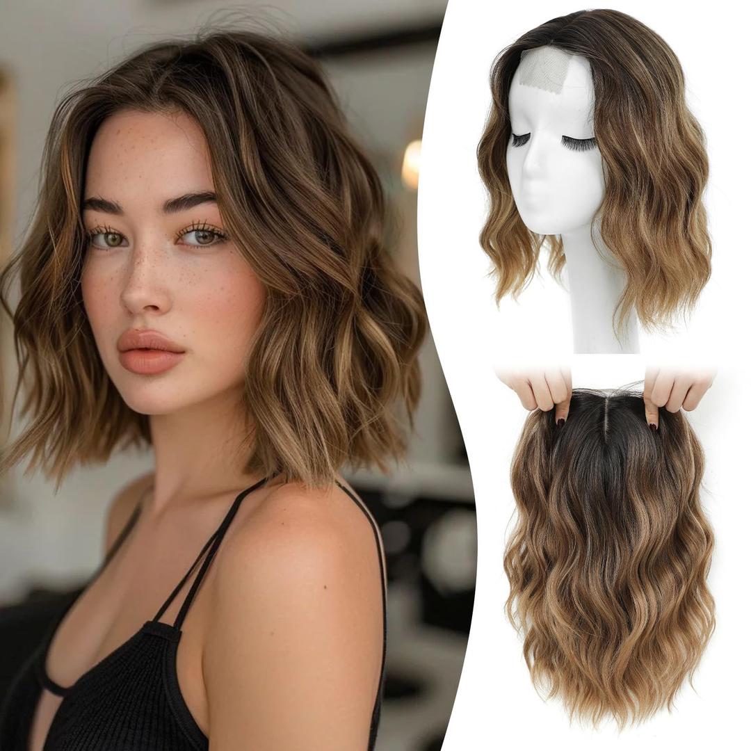 MORICHY 10 Inch Short Wavy Hair Topper for Women with Thinning Hair,Synthetic Lightweight & Breathable Hairpiece with 6.5"x6.5" BaseNatural Look Volume Booster Hairpiece for Coverage (Caramel Brown with dark root)