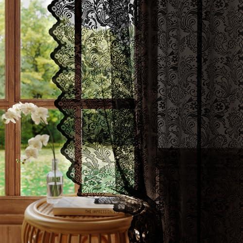 Rinwoc Black Lace Semi-Sheer Curtains – Vintage Floral Lace for Bedroom/Bathroom, Halloween Curtains Gothic Privacy Light Filtering Rod Pocket Window Drapes, 52W x 72L Inch, 2-Panel Set