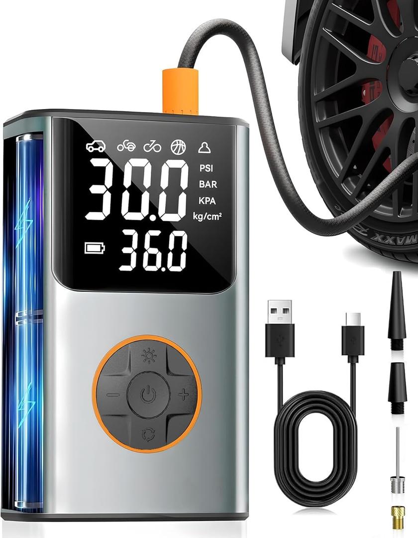 Tire Inflator Portable Air Compressor, Bike Pump, 150PSI Air Pump for Car Tires with LCD Dual Screen and Digital Tire Pressure Gauge, Air Compressor for Bicycle, Motorcycle, Compact Car, Ball (Silver)