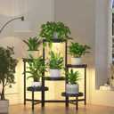 iDavosic.ly 6 Tier Folding Plant Stand Indoor Outdoor with Grow Light, Tiered Corner Flower Holder Shelf with Plastic Tray, Metal Orchid Display Rack for Patio Porch Living Room Garden Balcony, Black