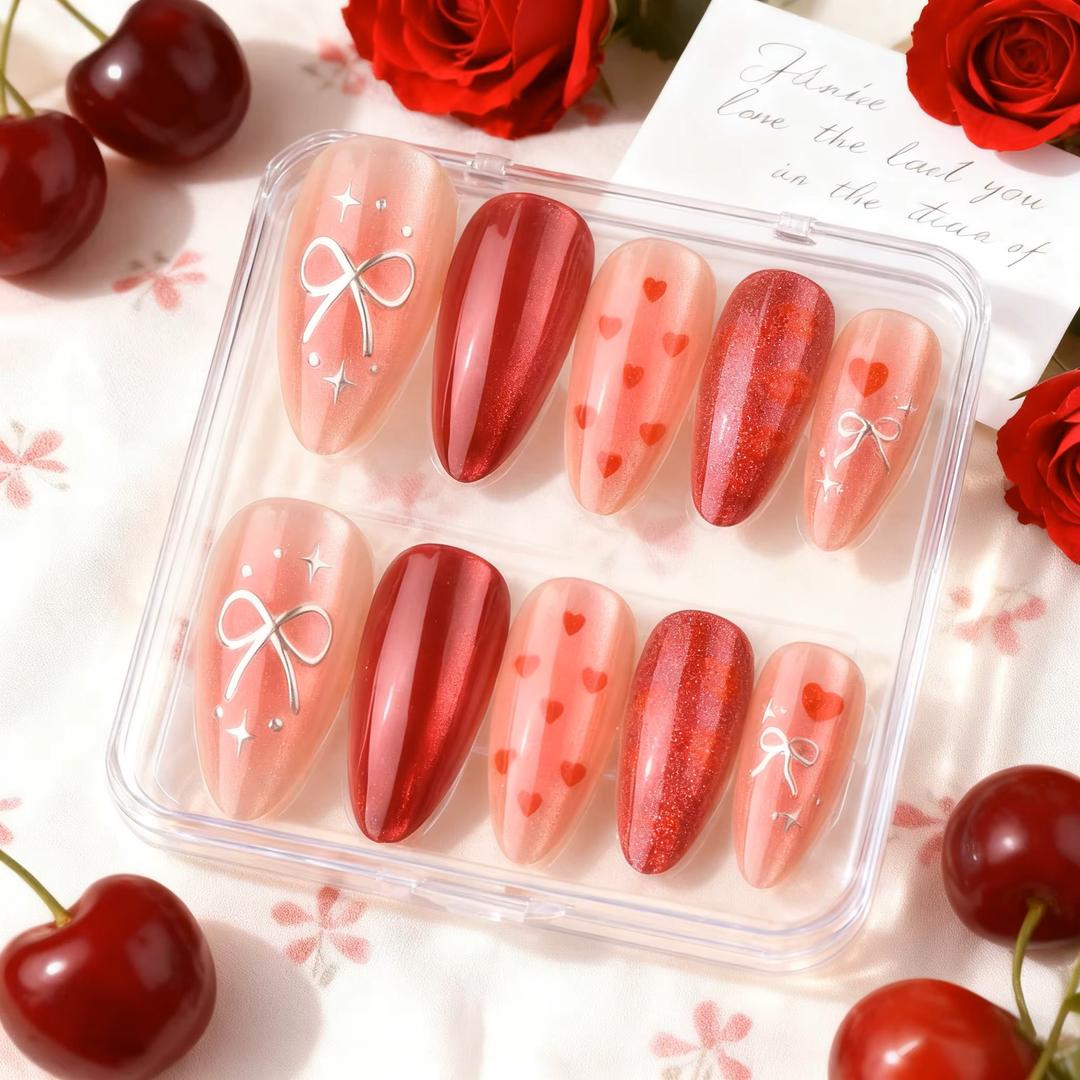 Valentines Press On Nails Almond Medium Fake Nails Heart Red Glitter Nail Press Ons With Bow Star Design Acrylic Nails Pink Holiday Glossy False Glue On Nails For Women Manicure Decor 24Pcs