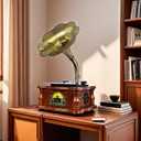 Vintage Gramophone Record Player, Retro Phonograph Record Players, Horn Turntables for Vinyl Records with Bluetooth/USB/Aux/FM Play for Home/Office/Hotel/Christmas/Birthday Gift, Music Amplifiers