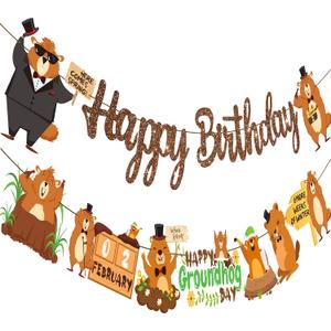 Groundhog Day Birthday Party Banners Happy Groundhog Day Decoration Groundhog Theme Party Banner Animals Peeking Out Hole Birthday Party Decor for February 2nd Holidays Baby Shower Supplies