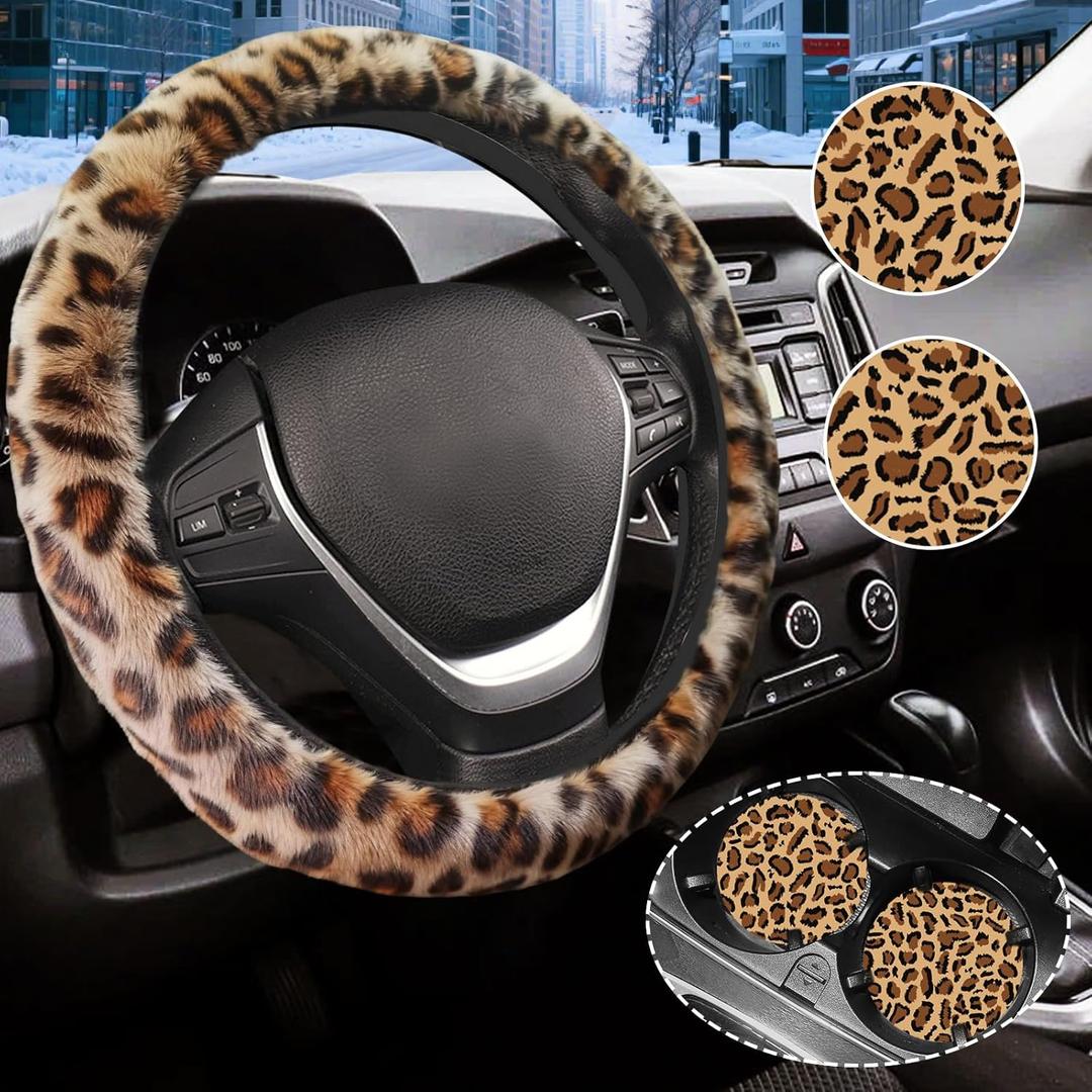 Brown Leopard Print Fuzzy Steering Wheel Cover for Women, Universal Auto Steering Wheel 14-15 Inch Soft Warm Car Interior Accessories with 2PCS Car Coasters, Suitable for Men and Women (one size)