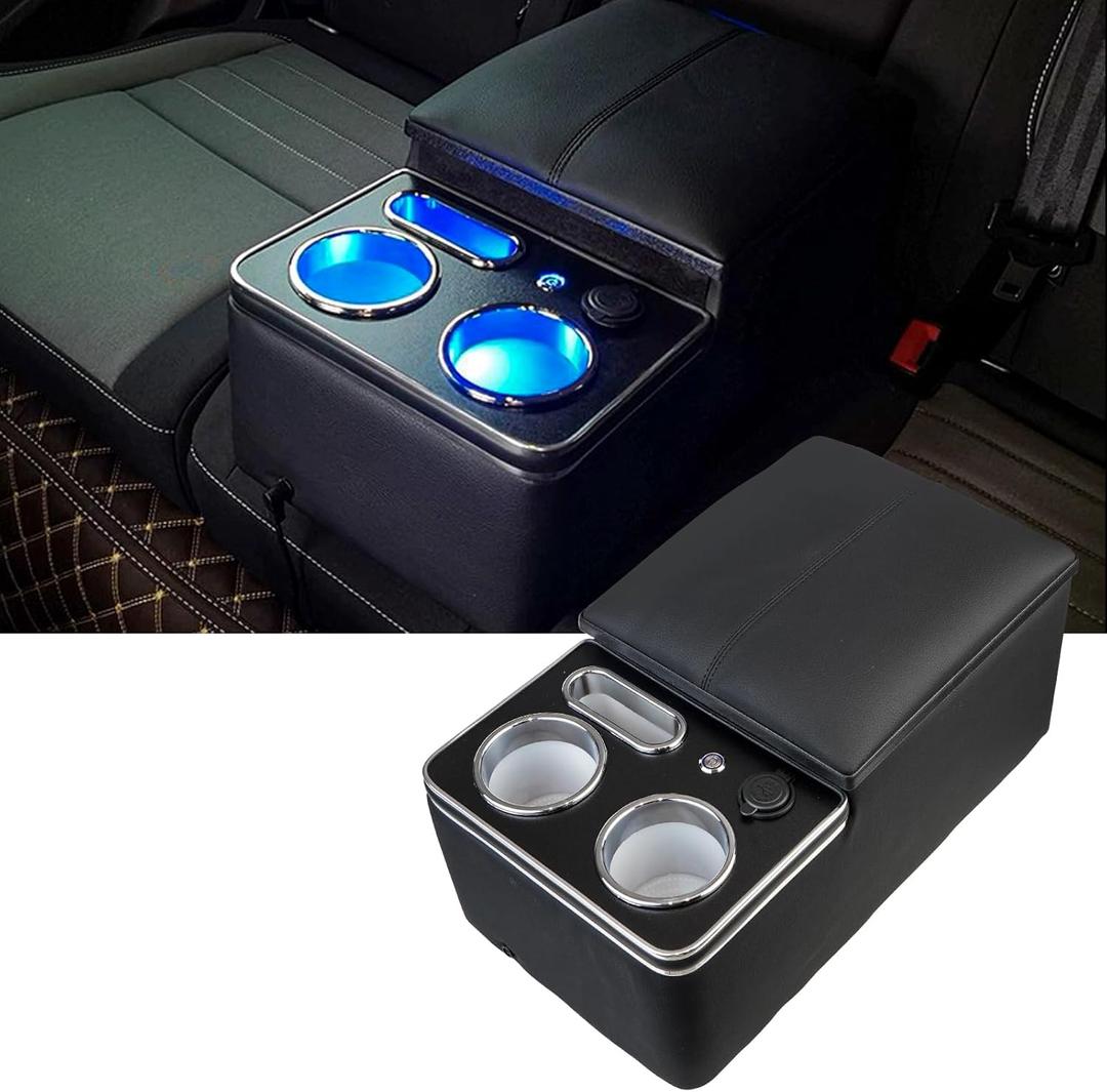 Upgrade Center Console Organizer with Cup Holder& Phone Holder for Car & Van & Truck Floor Cab Back Bench Seat Armrest Middle Storage Box - Black