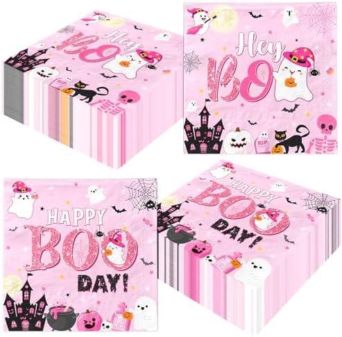 Pink Halloween Birthday Decorations Napkins,Ghost Party Decorations 48pcs Happy Boo Day Party decorations Paper Napkins for Girl Halloween Party Decorations