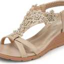 TEMOFON Women's Low Wedge Heels Summer Dressy Platform Sandals Elastic Ankle Strap Open Toe Flower Shoes Nude Size 7