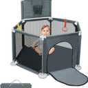 Baby Playpen, 50x50 Inch Playpen for Babies and Toddlers, Small Baby Play Yard, Indoor Outdoor Safety Activity Center Play Pen with Breathable Mesh and Basketball Hoop, Grey