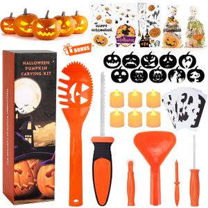 Pumpkin Carving Kit for Kids, 6 Easy Halloween Pumpkin Carving Tools Set, 6 LED Candles, 10 Carving Stencils & 20 Halloween Cellophane Candy Bags