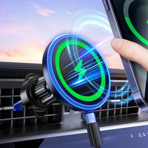 MagSafe Car Mount Charger, 3 in 1 [LED RGB HandsFree] Wireless Car Charger, Magnetic Phone Holders for Your Car- Fast Charging Car MagSafe Charger for iPhone 16/15/14/13/12 Series, Gift for Men Women (Black)